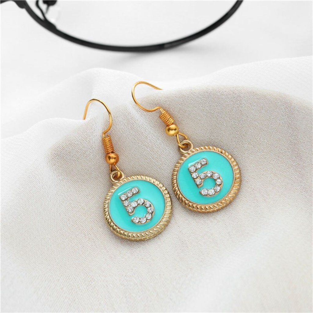 No 5 Gold Blue Enamel Round Coin Style Earrings 19$